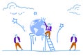 Businessman climbing ladder world map globe wearing crown people prepare earth day save the planet concept horizontal