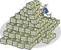 Businessman climbing on money mountain