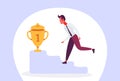 Businessman climbing podium first place trophy winner concept golden cup cartoon character isolated full length flat Royalty Free Stock Photo