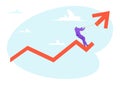 Businessman climbing rising graph trendline painting arrow upwards. Concept of growth, success in business. Goals