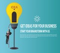 Businessman climbing on rope to Lamp lighting to navigate to success. Brainstorming idea and business concept