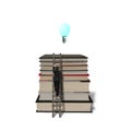Businessman climbing on stack books with wooden ladder and growing bulb