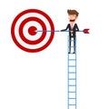 Businessman climbing stair and holding arrow pointing to target and success. Stair step to success.