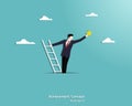 Businessman climbing a stair ladder on the clouds and reaching for the stars