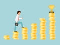 Businessman climbing on stair to trophy cup vector illustration. Man step on coin stairs to goal. Business success path