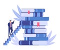 Businessman climbing stairs of book pile. Male executive ascending steps on large stack of books. Personal growth Royalty Free Stock Photo