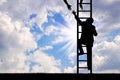 Businessman climbing stairs and a helping hand.