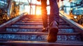 Businessman climbing stairs with sunlight ahead. Business person, professional-looking entrepreneur with legs and shoes close up. Royalty Free Stock Photo
