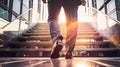 Businessman climbing stairs with sunlight ahead. Business person, professional-looking entrepreneur with legs and shoes close up Royalty Free Stock Photo