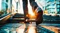 Businessman climbing stairs with sunlight ahead. Business person, professional-looking entrepreneur with legs and shoes close up. Royalty Free Stock Photo