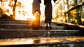 Businessman climbing stairs with sunlight ahead. Business person, professional-looking entrepreneur with legs and shoes close up. Royalty Free Stock Photo