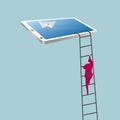 Businessman climbing tablet using ladder. Royalty Free Stock Photo