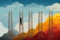 Businessman climbing up the ladder to success. Conceptual vector illustration, Choose the right ladder to reach the goal, AI