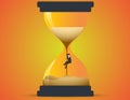 Businessman climbing up sand in hourglass. Concept losing time