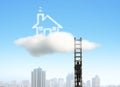 Businessman climbing on wooden ladder to cloud house, city under Royalty Free Stock Photo