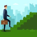 Businessman climbs the green grass stairs. Career, job and success business concept. Vector flat illustration. Royalty Free Stock Photo