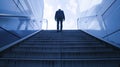 businessman climbs illuminated stairs amidst the blue-hued skyscrapers of a contemporary urban setting at dusk.