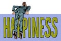 Businessman climbs over the fence. happiness word text