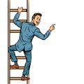 Businessman climbs stairs, man points to copy space