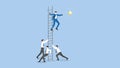 A businessman climbs up a ladder and grabs a star with a supporting team