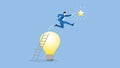 A businessman climbs up ladder and jumps from light bulb to grab a star