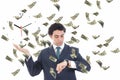 Businessman with clock on his palm concept surrounded by money