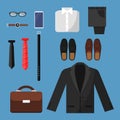 Businessman clothes. Fashion mens items pants shirt shoes watches tie bag vector top view flat illustrations