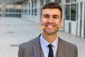 Businessman with clothespins creating a fake smile Royalty Free Stock Photo