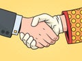 Businessman and clown handshake pop art raster