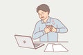 Businessman clutching heart feeling pain or infarct doing paperwork sitting at office desk