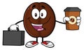 Businessman Coffee Bean Cartoon Mascot Character With Briefcase Holding A Coffe Cup To Go. Royalty Free Stock Photo