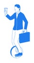 Businessman with coffee riding unicycle on white Royalty Free Stock Photo