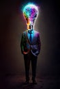 Businessman with colorful lightbulb head concept on dark background. Generative AI Royalty Free Stock Photo