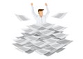 Businessman coming out of a pile of documents. Concept of overwork and bad management in the corporate office