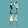 Businessman communication. Businessman transfers paper archive to an employee. Businessman talking on the phone. Two businessman