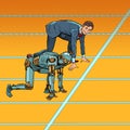 A businessman competes with a robot