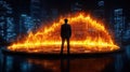 Businessman confronts fiery digital cityscape Royalty Free Stock Photo