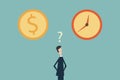 Businessman confused in choosing between time or money. Symbol of business success, challenge, risk, courage.Minimalist flat