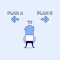 Businessman confused about two choices Plan A and Plan B. Cartoon character thin line style vector.