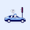 Businessman confusing with red traffic light. Cartoon character thin line style vector.