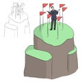 Businessman with confusion and seven goal flags on the top of mountain vector illustration sketch doodle hand drawn with black Royalty Free Stock Photo