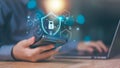 businessman connected network with virtual icon,internet security concept, cyber security online, digital security unlocking or
