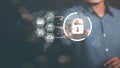 businessman connected network with virtual icon,internet security concept, cyber security online, digital security unlocking or