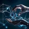 Businessman connecting digital cube with network global business and technology concept AI