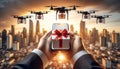 Businessman Controlling Drones for Gift Delivery