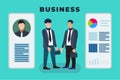 Businessman conversation and shaking hand concept vector. Man flat character illustration dealing with another businessman.