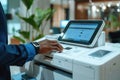 Businessman in Corporate Office Using Multifunction Laser Printer to Print Important Documents Concept Highlighting Ink Royalty Free Stock Photo