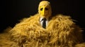 A businessman covered with chick feathers is wearing a highly stylized chick mask