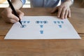 Businessman creates multilevel network marketing scheme on paper, closeup view
