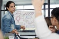 Group of Asian businessman writing on whiteboard during business presentation Royalty Free Stock Photo